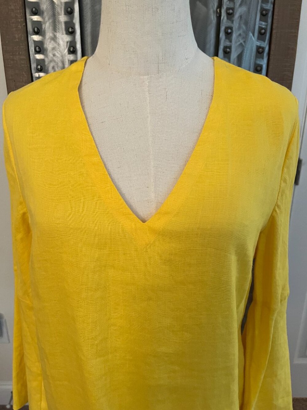 NWT Soft Surroundings Yellow Milano Linen Bell Sleeve V-Neck Shift Dress M - Picture 7 of 10